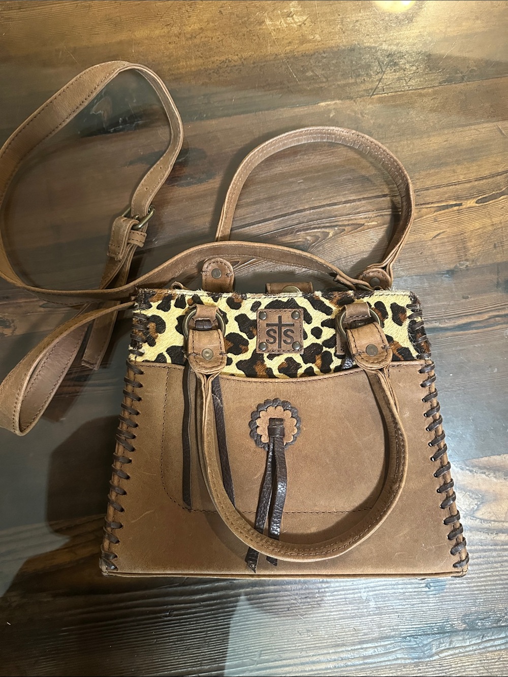 STS Brown Leather Satchel with Leopard Accent